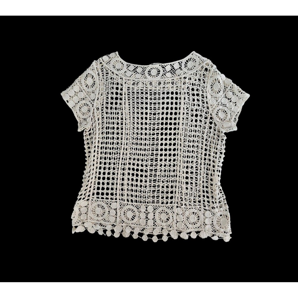 Cream Off White Crochet Short Sleeve Open Knit Shirt Top Boho Artsy L Cotton